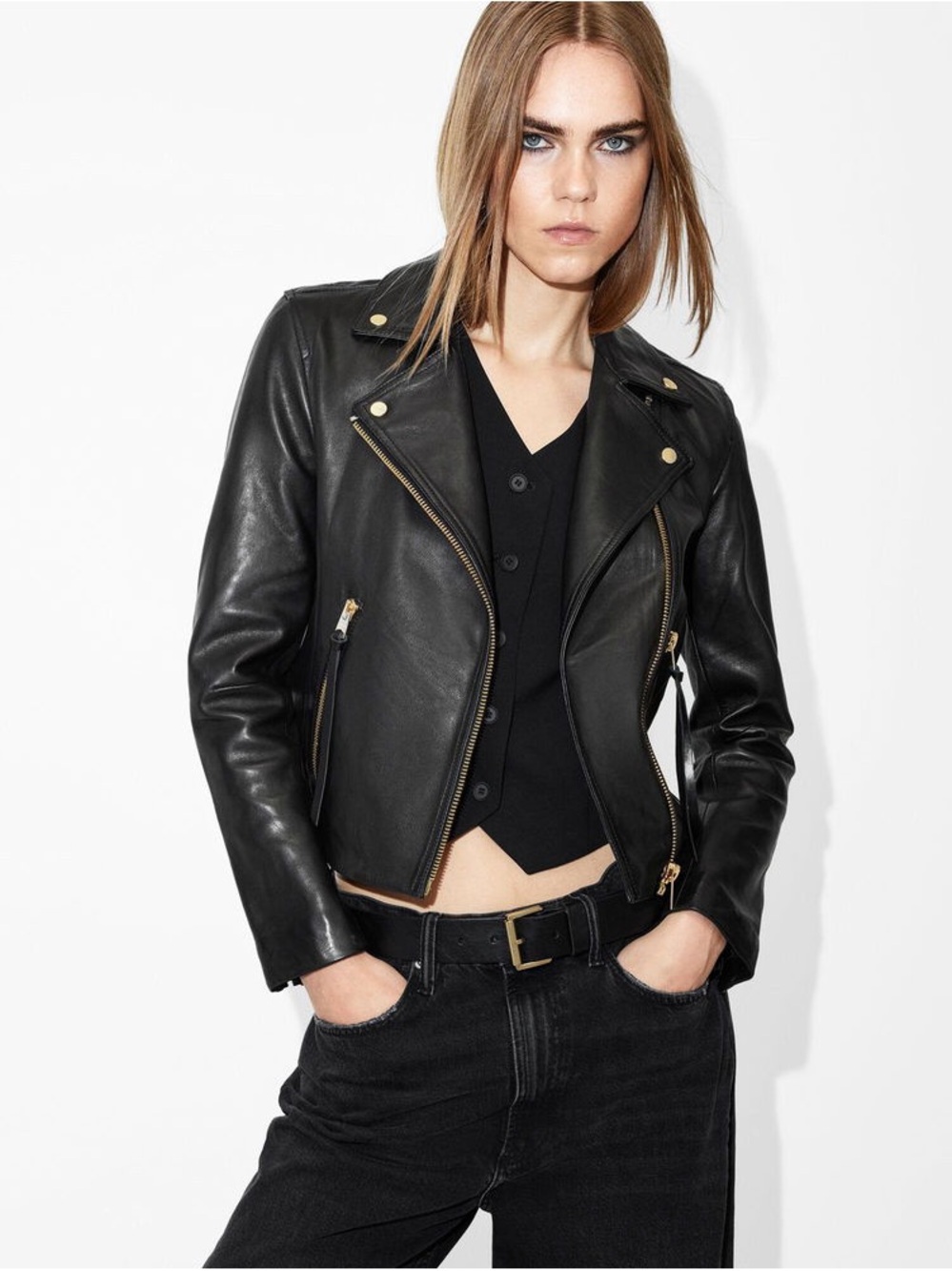 All Saints Black Leather Biker Jacket with Gold Hardware Accents